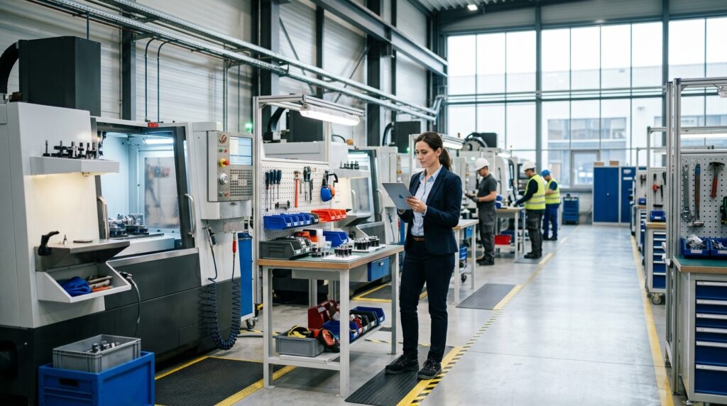 Manufacturing improvement consultant reviewing production line performance on a modern factory floor